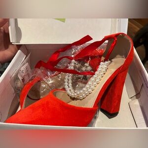 Elegant Red Women's Heels with Pearl Detailing